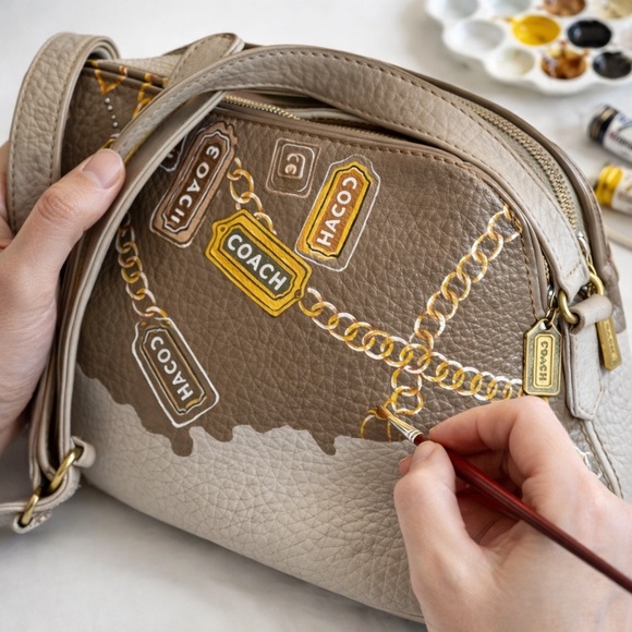 Vintage Coach 4914 Sonoma Natural Grain Double Zip crossbody hand painted - Picture 4 of 12